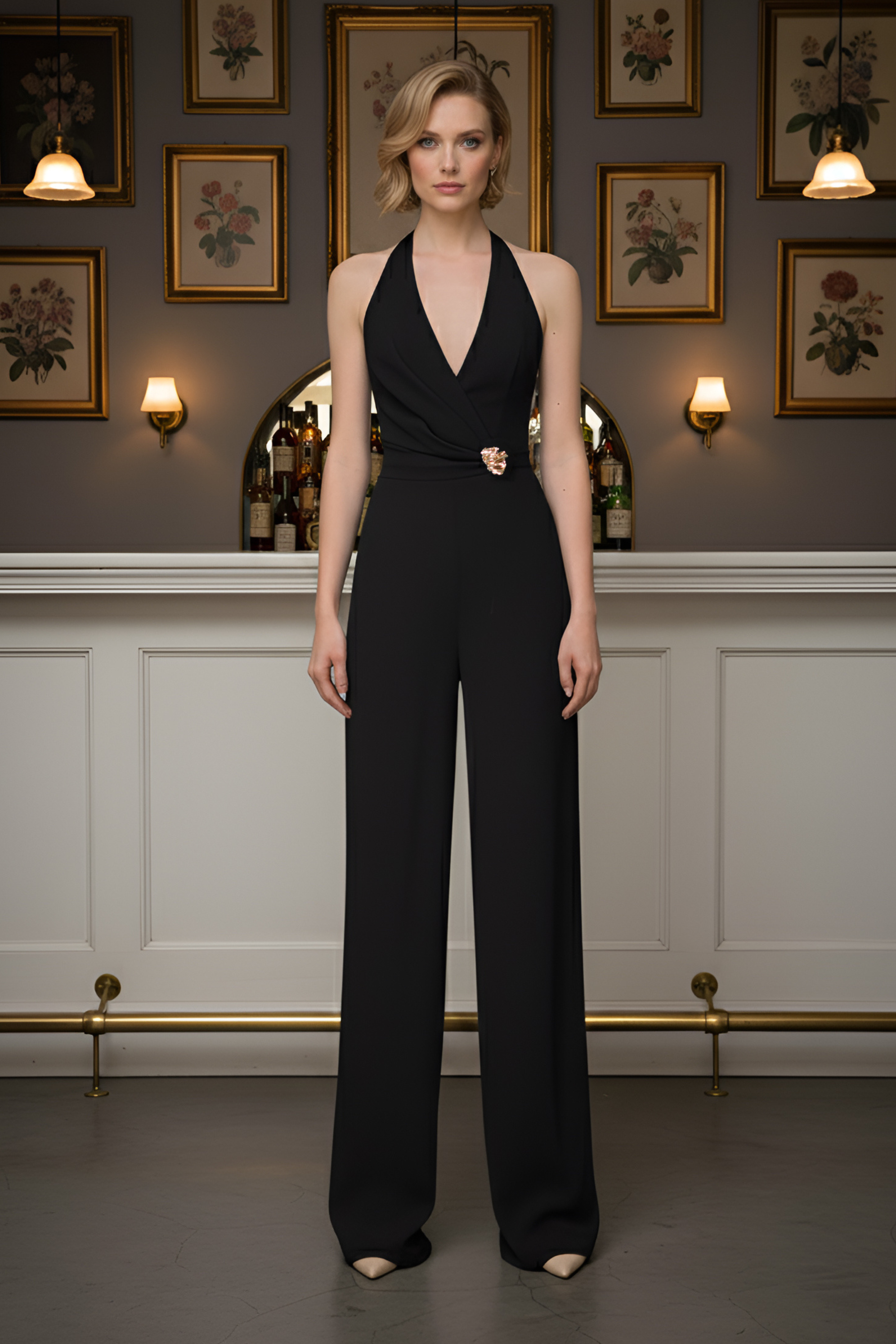 Black Halter Jumpsuit – Gold Brooch